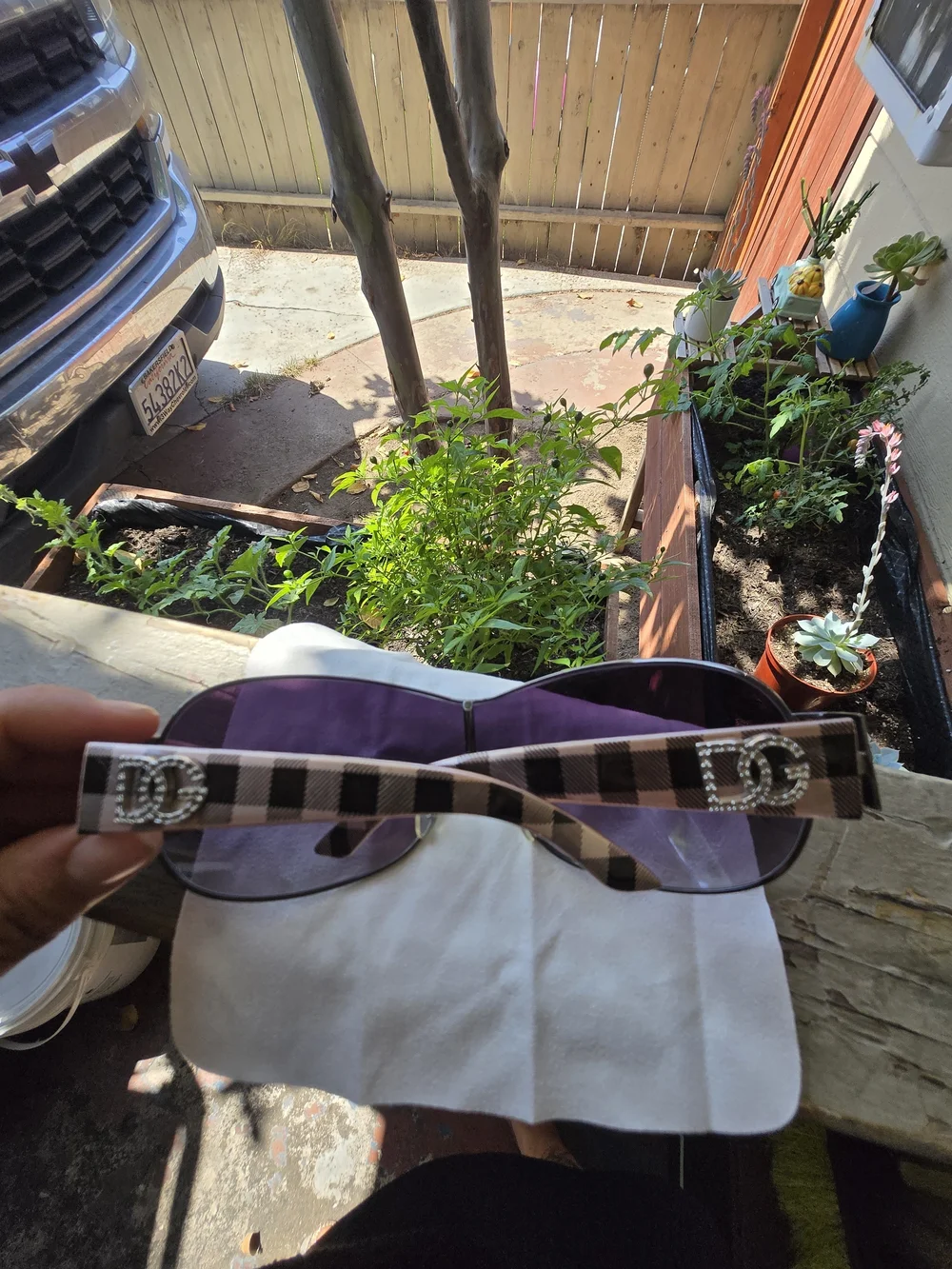 Designer Plaid Sunglasses with Crystal Double-C Logo - Purple Lenses